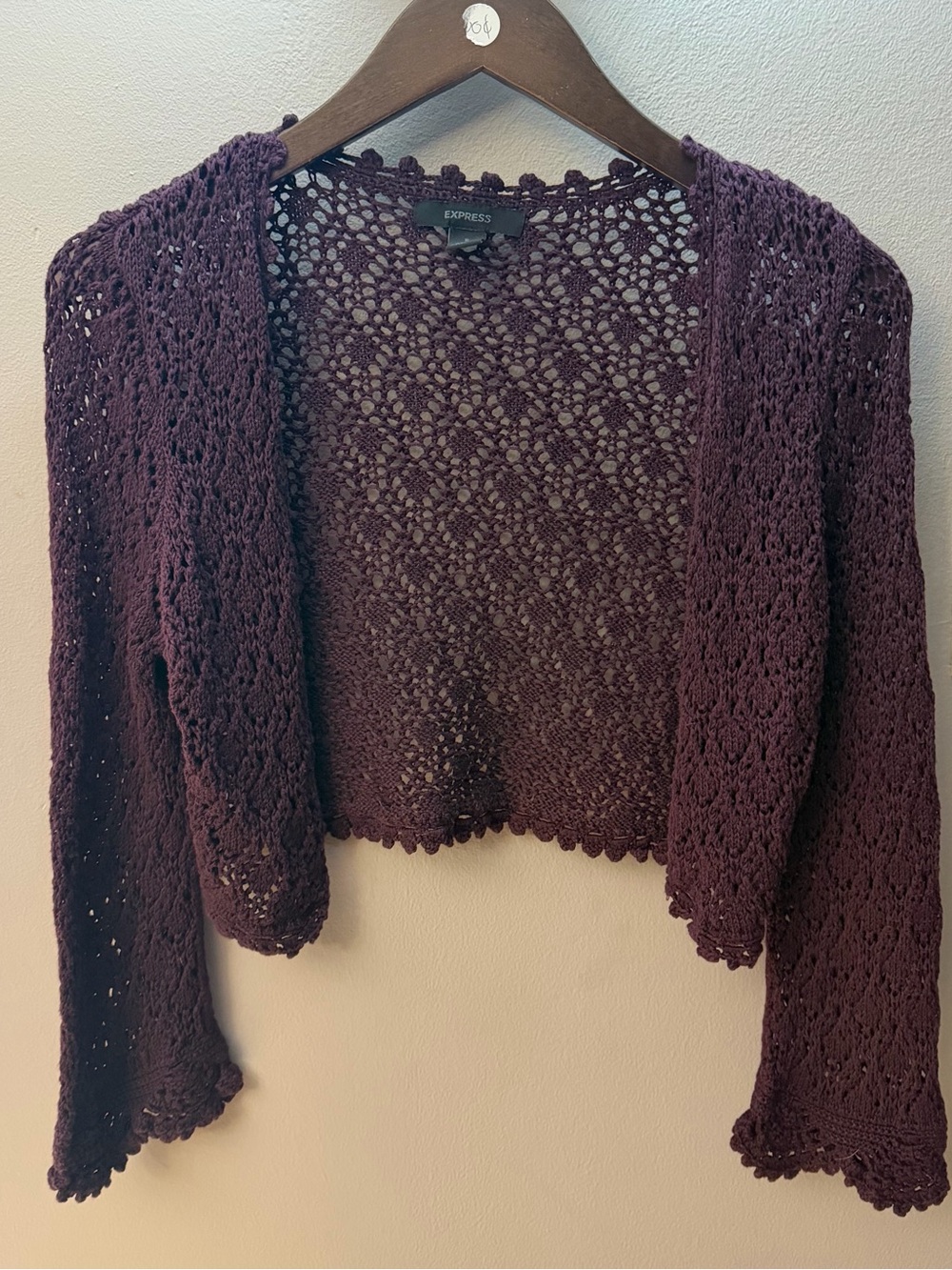 Vintage Express Women's Purple Crochet Knit cropped cardigan sweater